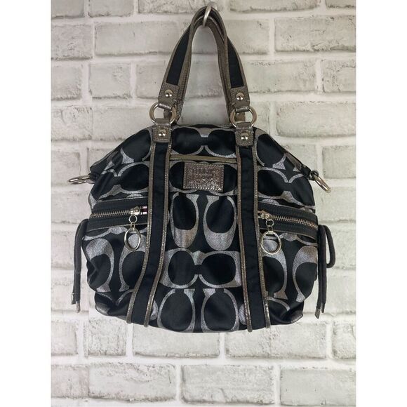 Coach Poppy Glam Tote Style 15443 Black Signature Shimmer with Magenta Lining - Picture 1 of 11